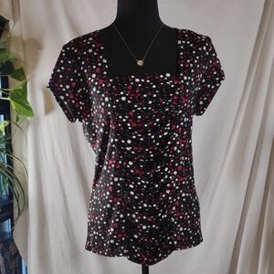Square Neck Polka Dot Blouse - Black, Red, White - Size L